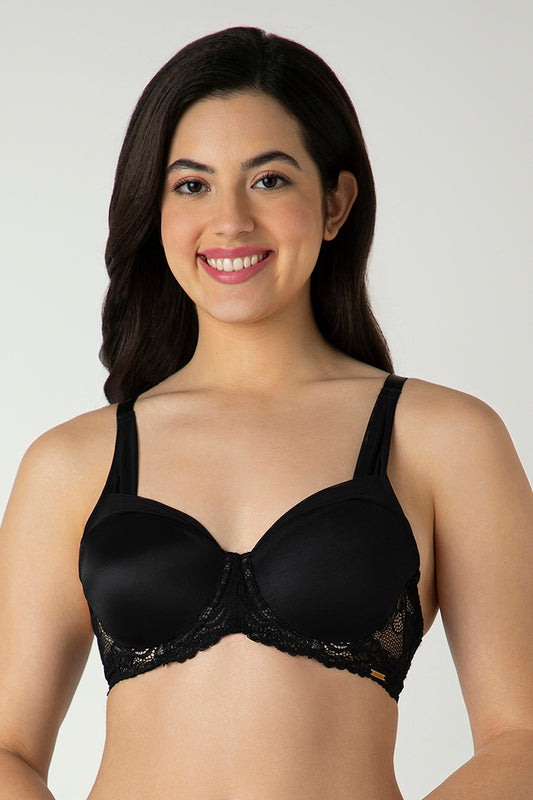 Glam Lace Padded Wired Balconette Bra - Black