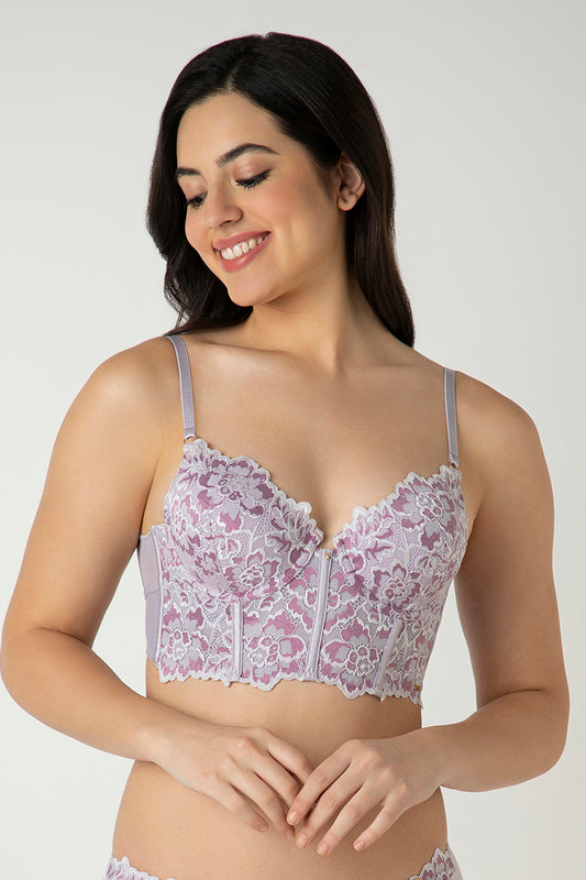 Femme Lace Padded Non-Wired Longline Bra - Thistle