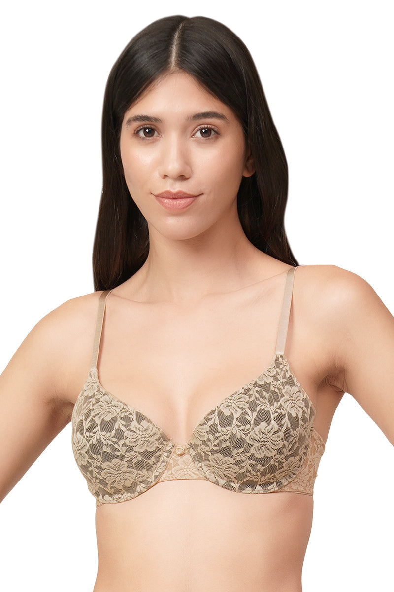 Padded Wired Lace Demi Cup Push-up Bra - Tango Red