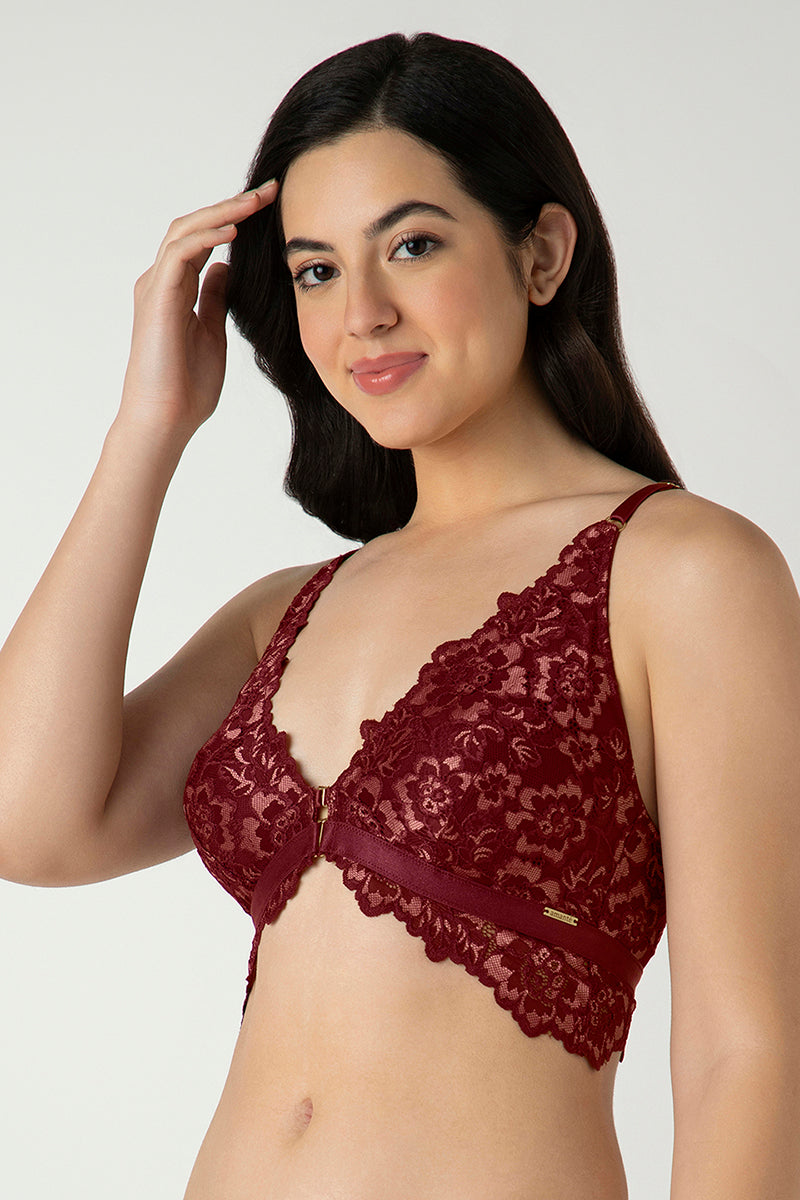 Femme Lace Padded Non-Wired Demi Bra - Biking Red