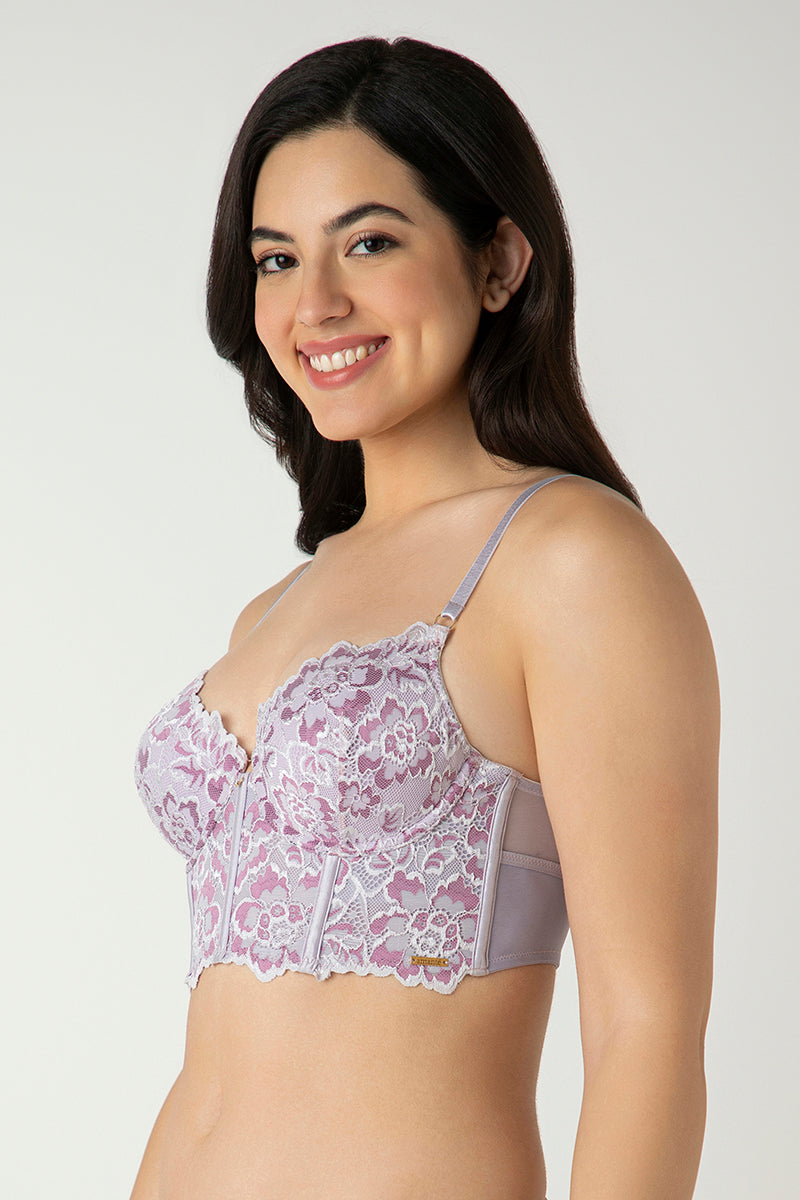 Femme Lace Padded Non-Wired Longline Bra - Thistle