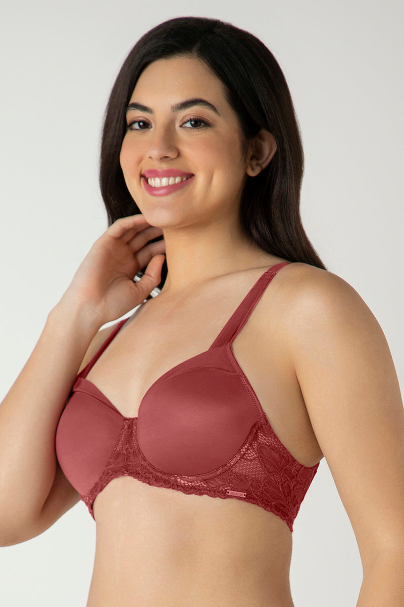 Glam Lace Padded Wired Balconette Bra - Cowhide