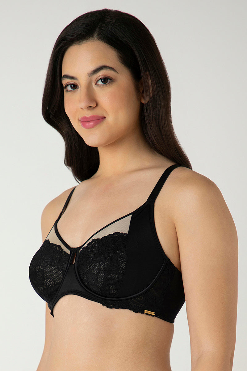 Glam Floral Non-Padded Wired Minimizer Bra - Black