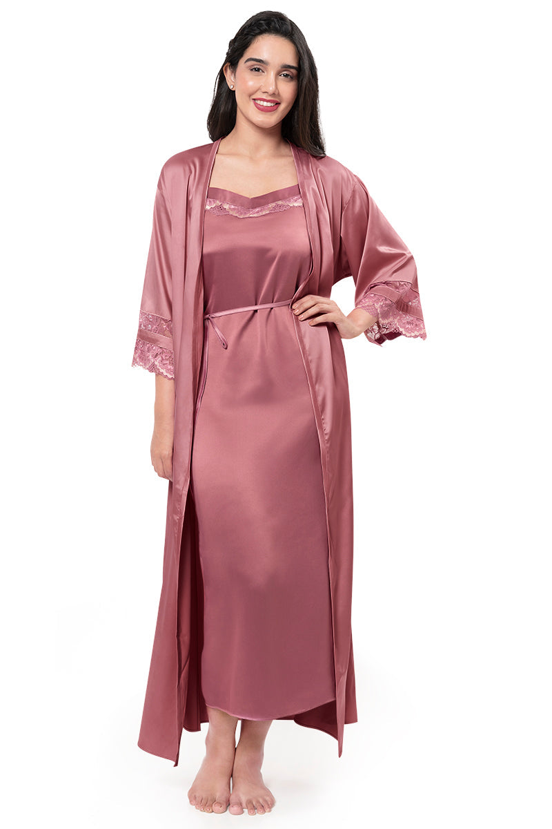 Buy Short Night Dress & Full Sleeves Robe Set in Maroon- Satin