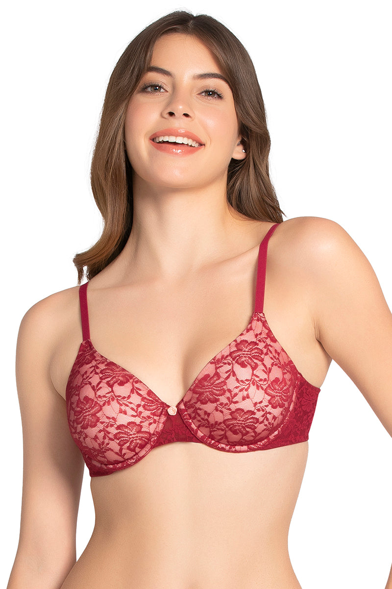 Fantasy Back Solid Padded Wired Lace Bra - Autumn Rose