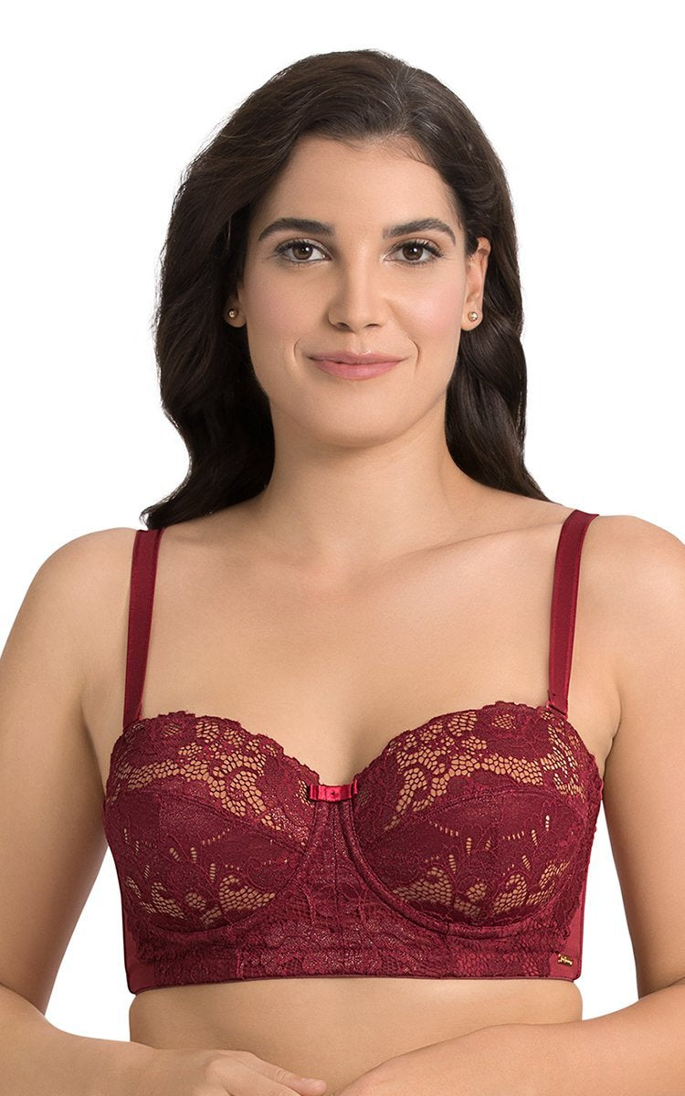 Moonlit Florals Padded Wired Demi Cup Satin Bra - Haute Red